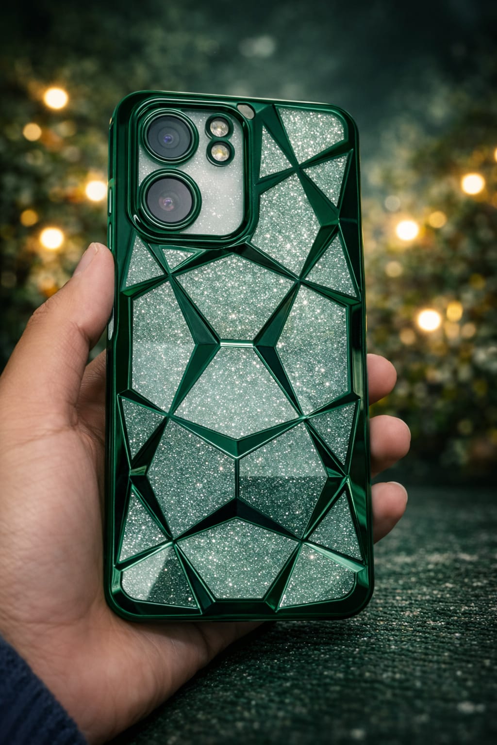 OPPO A5x Diamond Back Cover – Green & Golden Glitter Design