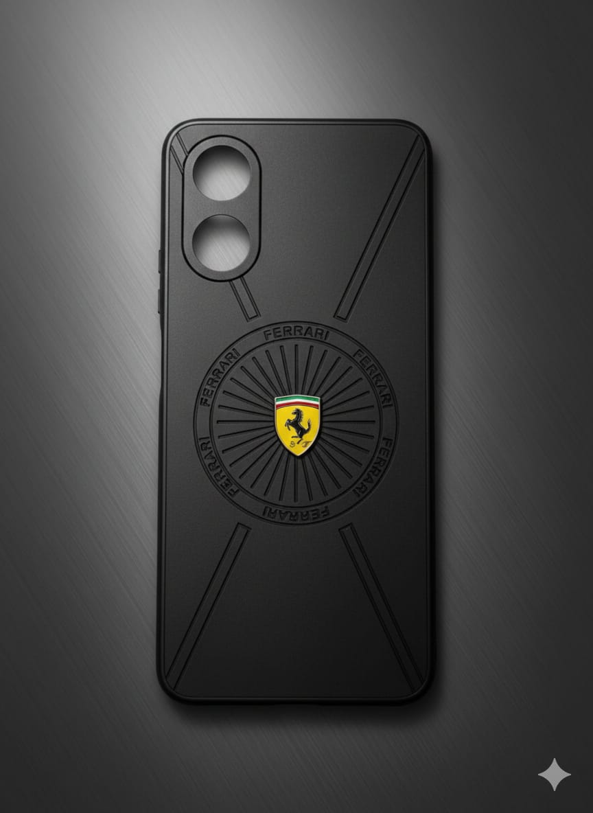 OPPO A17 /A18/A38 Premium Ferrari Style Leather Finish Back Cover with Luxury Racing  3D Logo Design