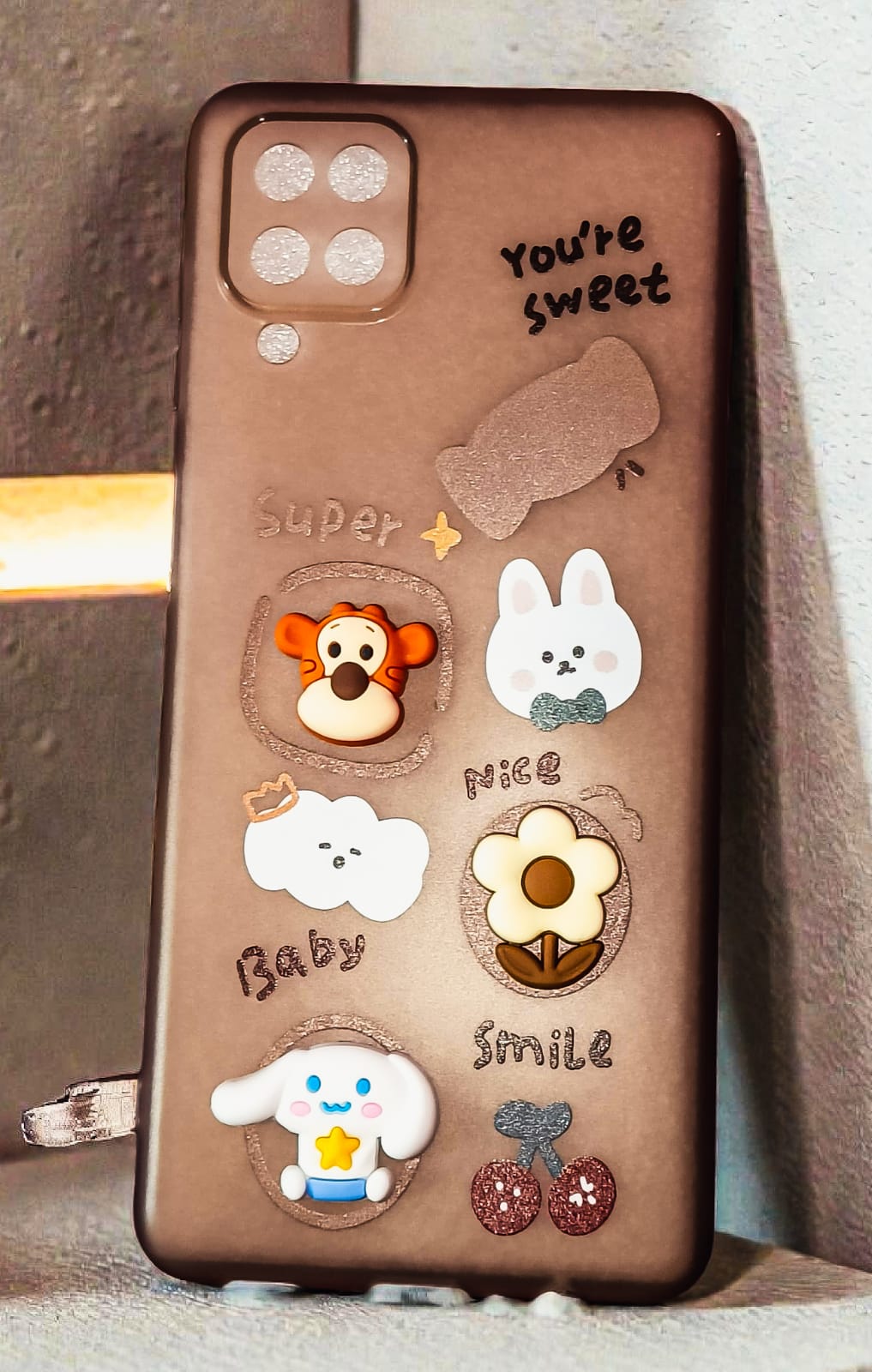 Samsung Galaxy A12 Cute Cartoon 3D Sticker Soft Back Cover | Teddy, Bunny & Smile Design Case