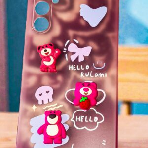 Samsung Galaxy A34 5G Cute Teddy Cartoon Soft Back Cover | 3D Bear Stickers & Matte Case (pink)