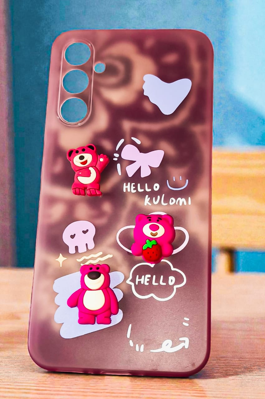 Samsung Galaxy A34 5G Cute Teddy Cartoon Soft Back Cover | 3D Bear Stickers & Matte Case (pink)