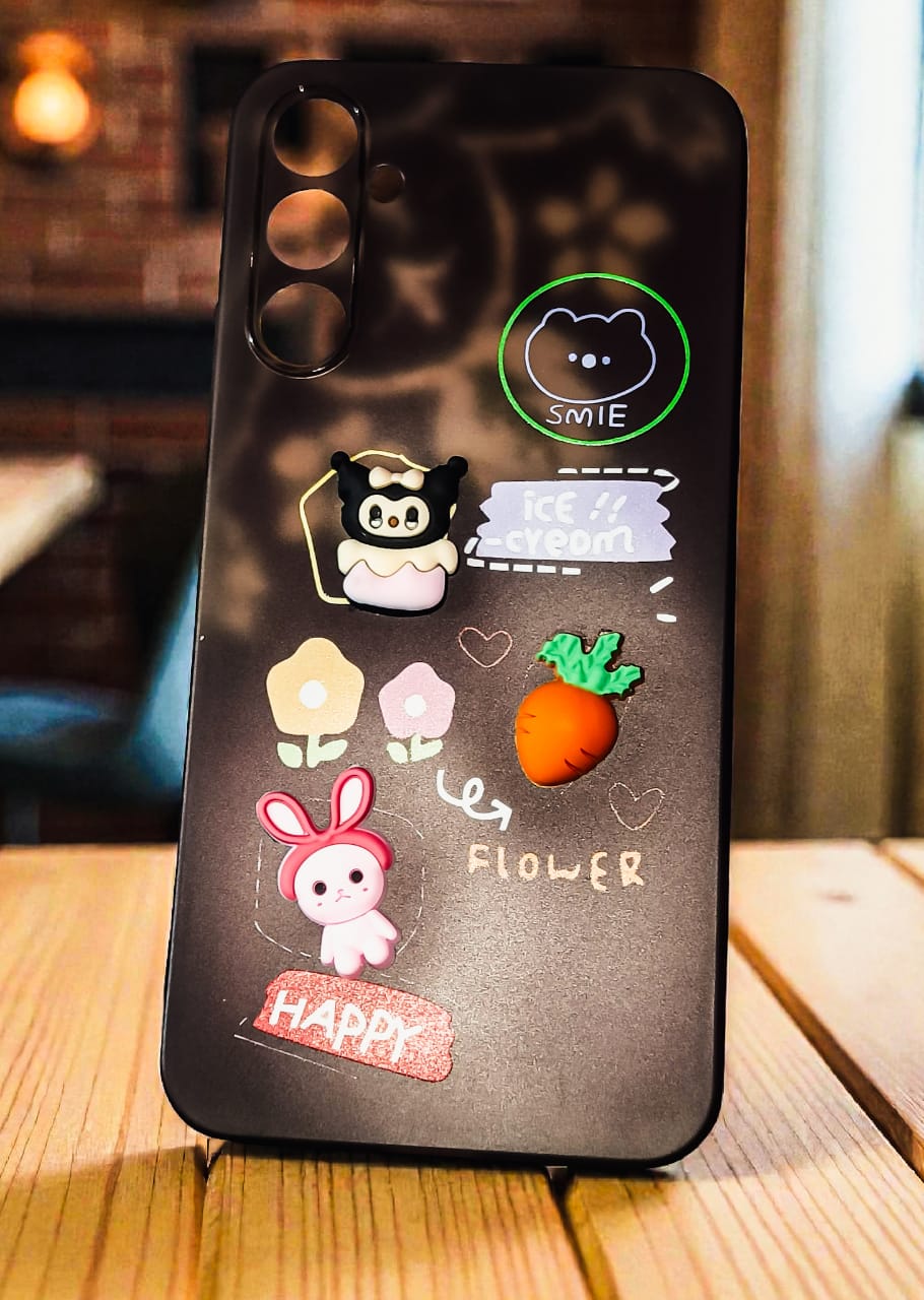 Samsung Galaxy A34 5G Cute Cartoon 3D Sticker Soft Back Cover | Grey Matte Transparent Case