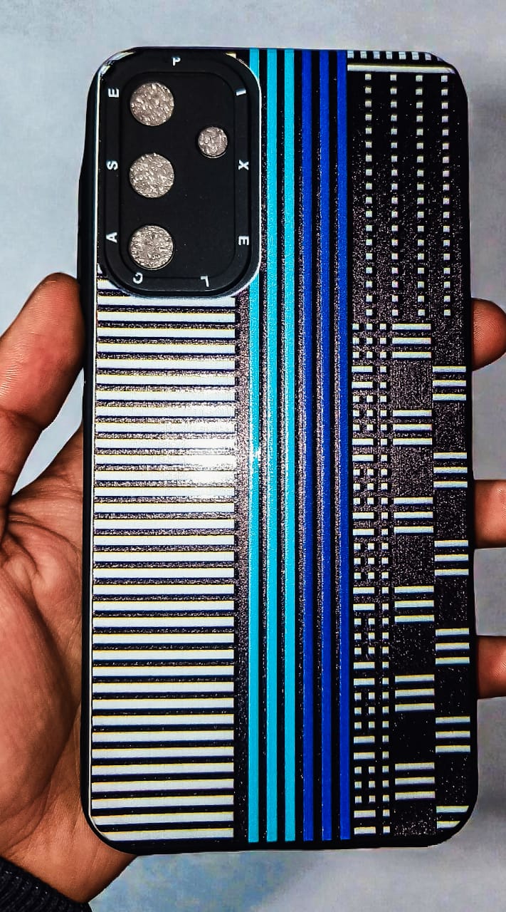 Samsung Galaxy A15 Premium Geometric Stripe Back Cover | Stylish Matte Black & Blue Soft Case with Camera Protection