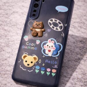 OnePlus Nord  Cute Cartoon 3D Back Cover | Soft Premium Case with Bear & Bunny Design (Gray & Pink)