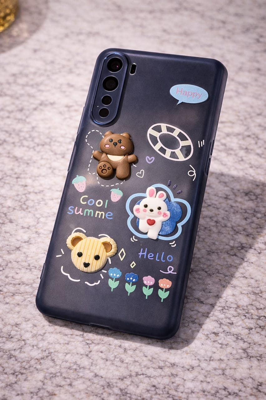 OnePlus Nord  Cute Cartoon 3D Back Cover | Soft Premium Case with Bear & Bunny Design (Gray & Pink)