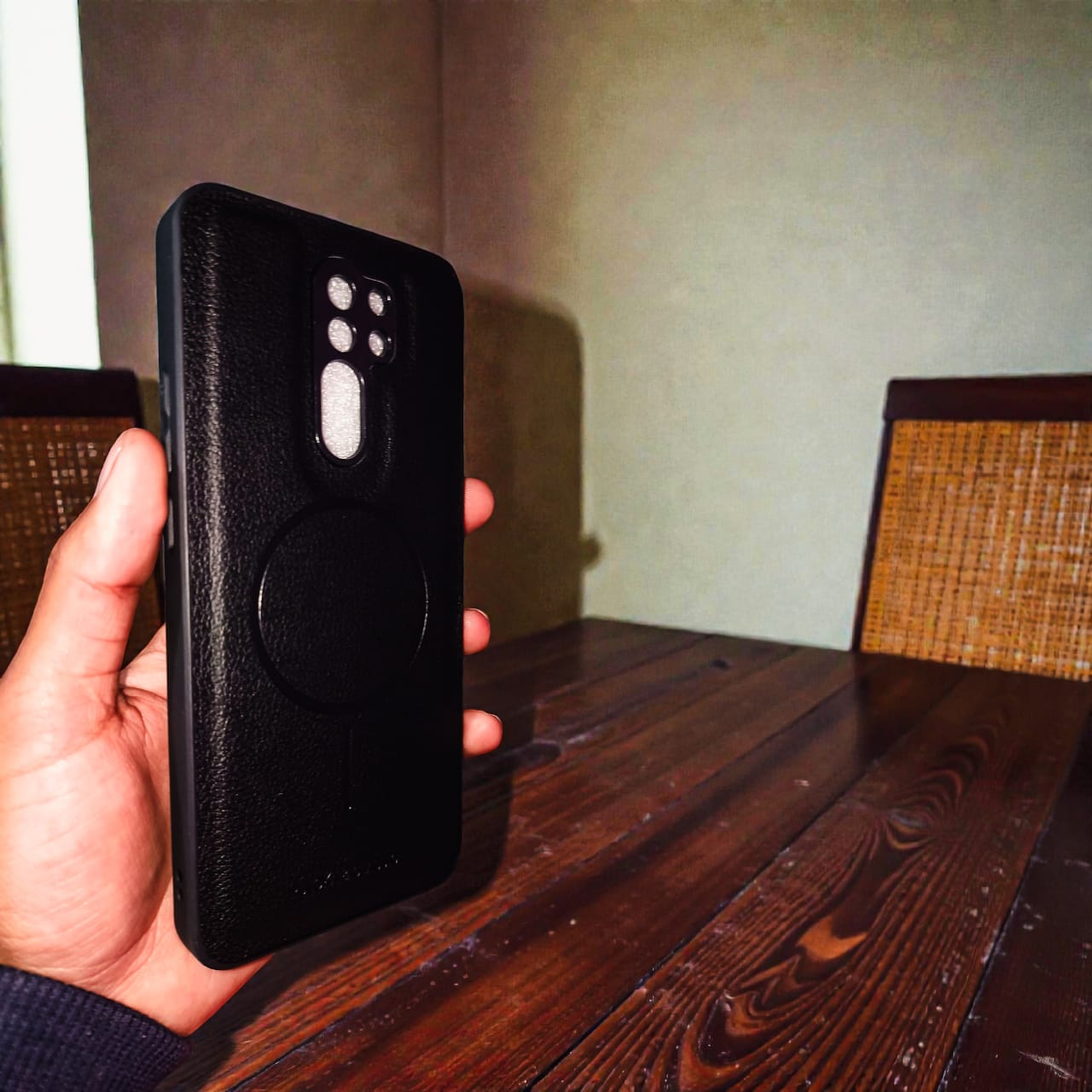 Magnetic Leather Finish Back Cover for Redmi 9 Prime – Black Slim Protective Case